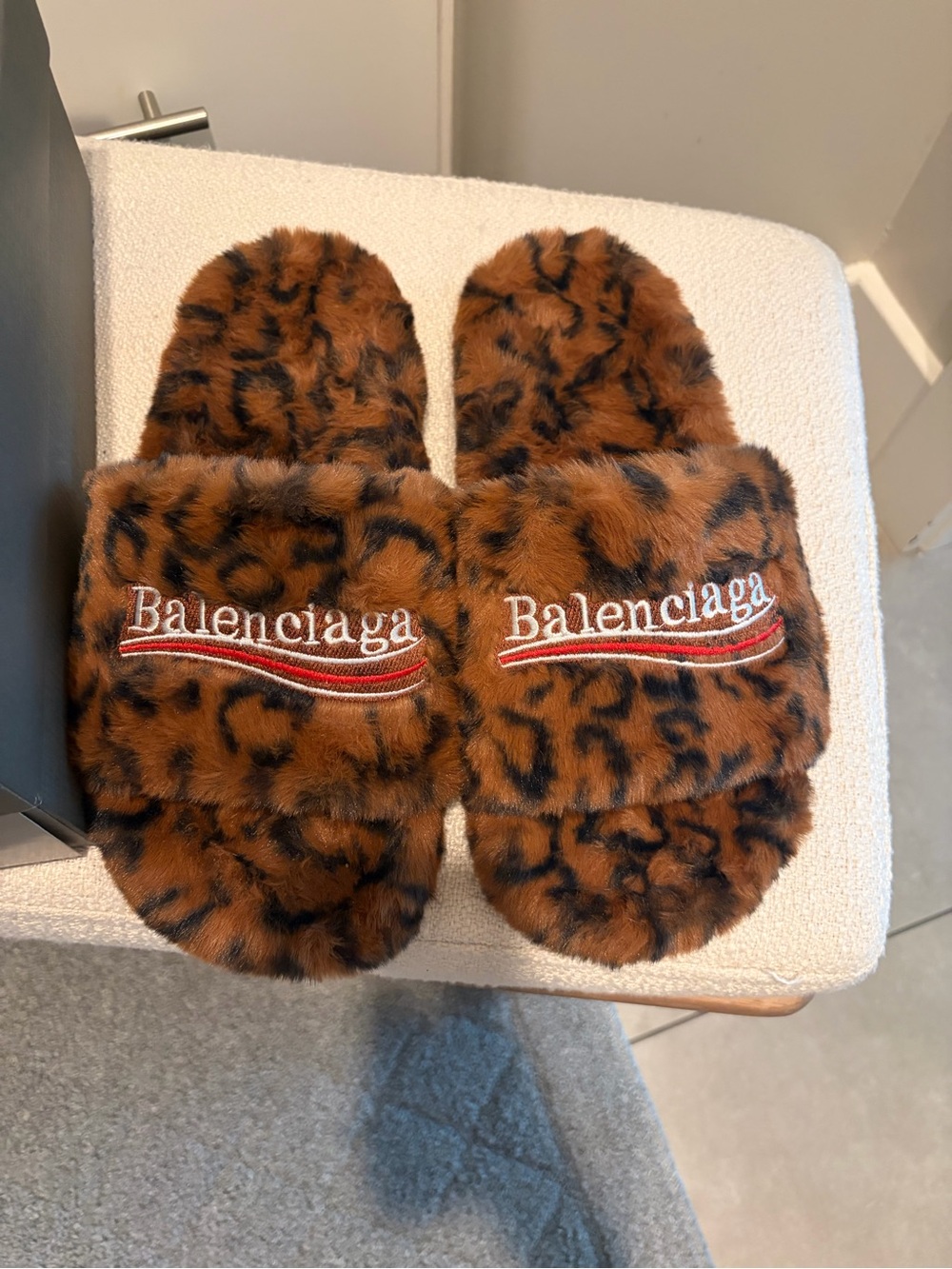 Balenciaga Mens Leopard Faux-Fur Slide Slippers - Brown/Black